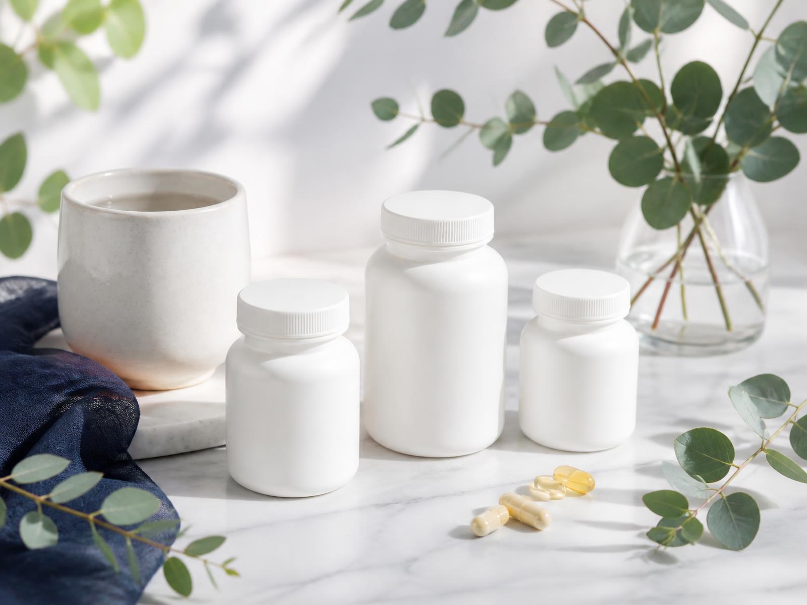 Selection of wellness supplement bottles on a bright marble surface with eucalyptus leaves